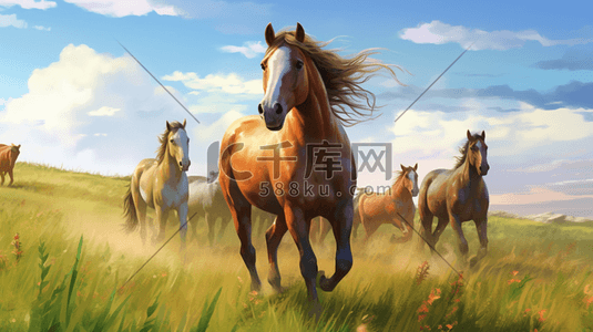 马插画图片_草原上奔跑的马群
