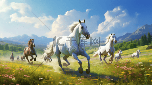 马群卡通插画图片_草原上奔跑的马群