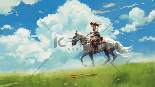 骑马雕像插画图片_一个人在草原骑马