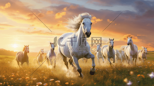 马群卡通插画图片_草原上奔跑的马群