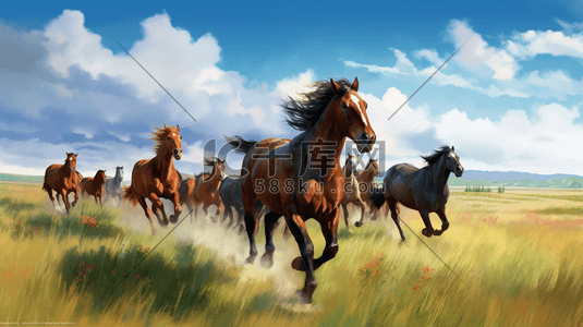 奔跑的马插画图片_草原上奔跑的马群