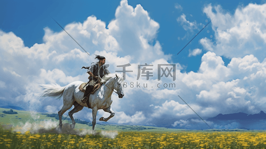骑马插画图片_一个人在草原骑马