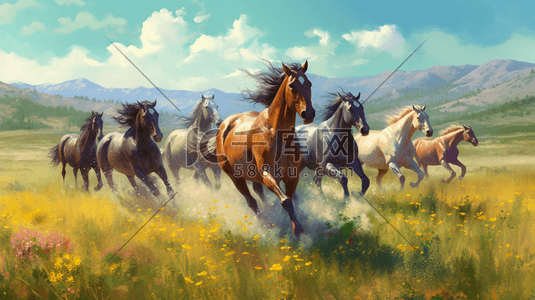 ai马插画图片_草原上奔跑的马群