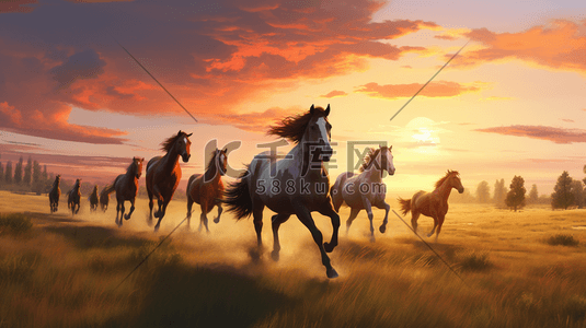 马群奔腾插画图片_草原上奔跑的马群