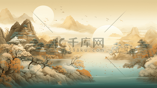 国潮山水金色插画图片_轻彩清透清亮中国风国潮山水风景17