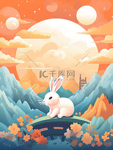 中秋节兔插画图片_中秋主题海报山云兔月青色和橙色5