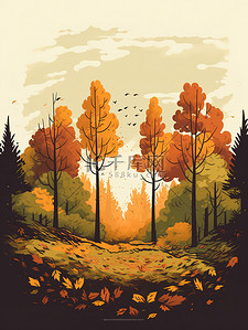 暖橙色插画图片_秋季森林的极简主义插图1