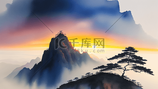黄山风景插画图片_气势磅礴的中国著名景点黄山日出风景20