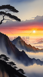 日出云海插画图片_气势磅礴的中国著名景点黄山日出风景12