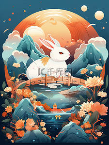 中秋节兔插画图片_中秋主题海报山云兔月青色和橙色13