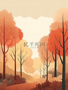暖橙色插画图片_秋季森林的极简主义插图16