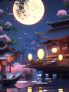 唯美的月亮插画图片_中秋节插画夜晚唯美的月亮