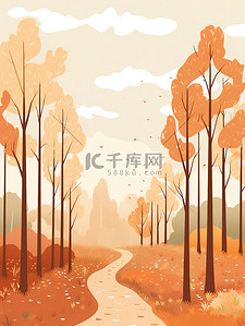 暖橙色插画图片_秋季森林的极简主义插图6