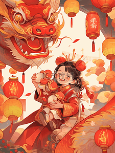 龙年春节插画中国龙和一小女孩在过新年