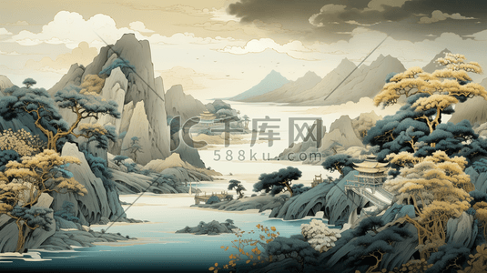 国潮山水金色插画图片_轻彩清透清亮中国风国潮山水风景6