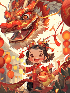 龙年春节插画一条中国龙小女孩正过新年