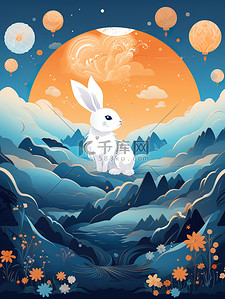 中秋节兔兔插画图片_中秋主题海报山云兔月青色和橙色4