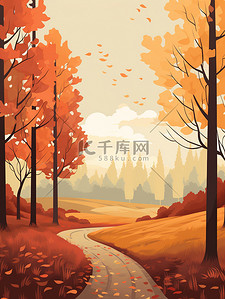 暖橙色插画图片_秋季森林的极简主义插图4