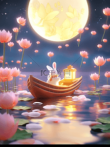 光明大白兔插画图片_中秋节插画夜晚唯美月亮白兔湖中赏月