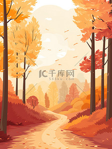 暖橙色插画图片_秋季森林的极简主义插图14