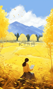 秋季黄色树木女孩秋分立秋插画