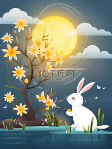 月亮月兔插画图片_中秋月兔灯笼桂花矢量图7