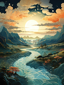 中国的群山连绵河流蜿蜒中秋插画9