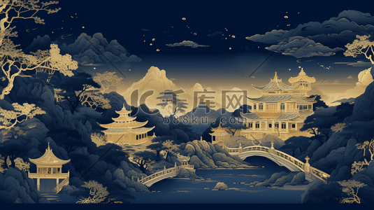 山水金色插画图片_国潮中国风山水中式建筑工笔插画4