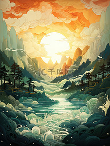 中国的群山连绵河流蜿蜒中秋插画20