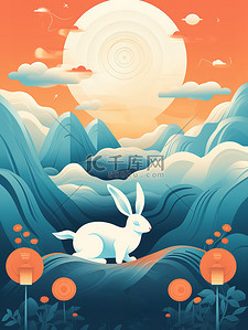 中秋节兔兔插画图片_中秋主题海报山云兔月青色和橙色18