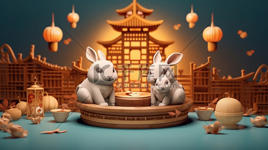 中秋节吃月饼赏月插画图片_可爱的兔子吃月饼赏月7