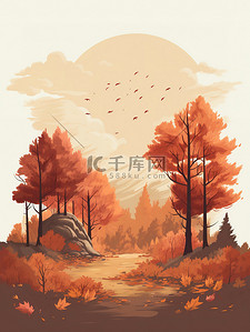 暖橙色插画图片_秋季森林的极简主义插图3