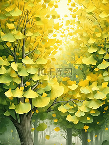 秋色银杏树黄色和绿色插画9
