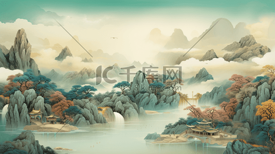 清透水插画图片_轻彩清透清亮中国风国潮山水风景7