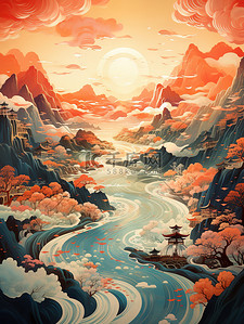 白皑皑的群山插画图片_中国的群山连绵河流蜿蜒中秋插画15