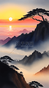 松鹤中国风名片插画图片_气势磅礴的中国著名景点黄山日出风景11