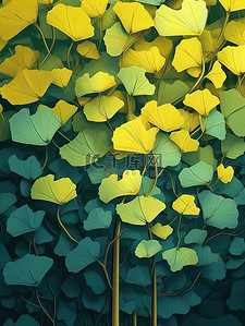 绿色和树叶插画图片_秋色银杏树黄色和绿色插画15