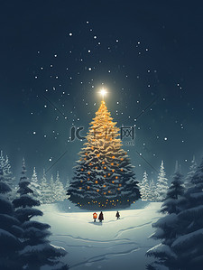 星星灯插画图片_大雪纷飞冬季美丽的圣诞树7