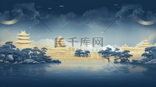 中国风金蓝插画图片_国潮中国风山水中式建筑工笔插画16