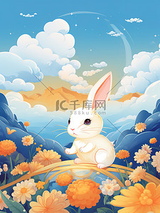 兔月插画图片_中秋主题海报山云兔月青色和橙色12