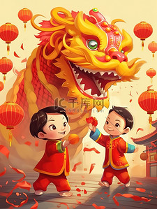 手绘国潮舞龙舞狮插画图片_中国春节小孩子舞龙舞狮13