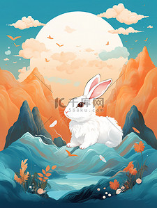 兔月插画图片_中秋主题海报山云兔月青色和橙色15