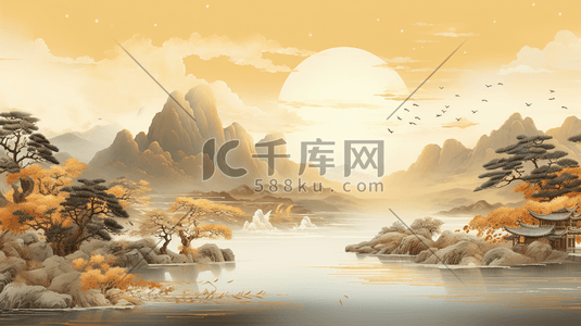 水清插画图片_轻彩清透清亮中国风国潮山水风景13