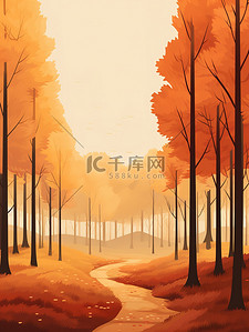 暖橙色插画图片_秋季森林的极简主义插图9