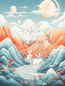 中秋节兔插画图片_中秋主题海报山云兔月青色和橙色8