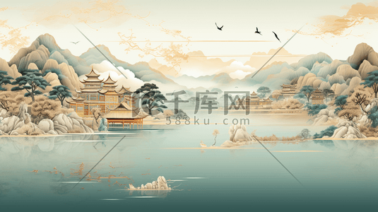 水清插画图片_轻彩清透清亮中国风国潮山水风景8