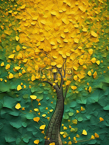 黄色和插画图片_秋色银杏树黄色和绿色插画2