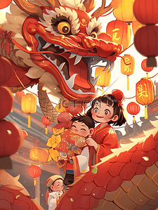 龙和女孩插画图片_龙年春节插画中国龙和一个小女孩正过新年