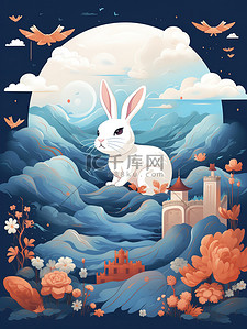 中秋节兔兔插画图片_中秋主题海报山云兔月青色和橙色11