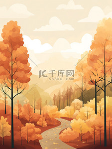 暖橙色插画图片_秋季森林的极简主义插图15
